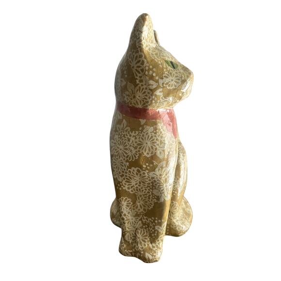 Papier (Paper) mache cat with bow made in Thailand 14" Tall 10" W Nonallergenic! - Picture 3 of 9